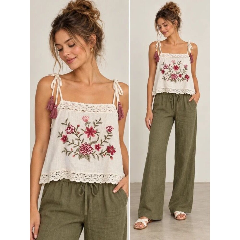 Universal Thread Floral Embroidered Cami Tank Top Tie Straps White XL NWT